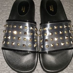 Jennifer Lopez Bodhi Black/Gold Studded Sandals